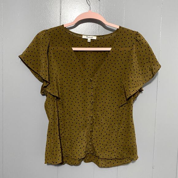 Madewell Silk Carmelina Olive Green Polka Dot Flutter-Sleeve Washable Top 6 - Picture 3 of 9